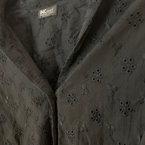 INC Stretch Black Embroidered Button Up Black Top - Picture 4 of 9